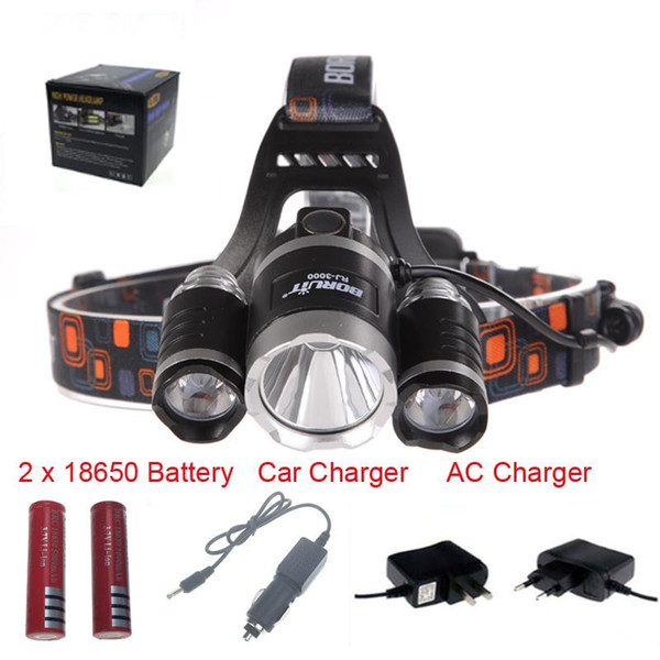 6000Lm CREE XML T6+2R5 LED Headlight Headlamp Head Lamp Light 4-mode torch +2x18650 battery+EU/US Car charger for fishing Lights