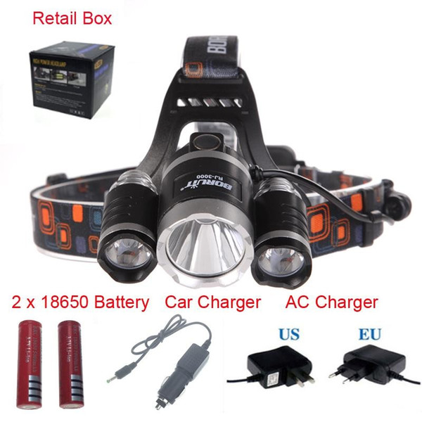 8000 Lumens Headlight 3 LED Cree XM-L T6+2R5 Head Lamp High Power LED Headlamp +2*18650 battery+EU/US/AU/UK Charger+car charger