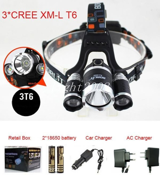 6000 Lumens Headlight 3 LED Cree XM-L T6+2R5 Head Lamp High Power LED Headlam
8000
p +2*18650 battery+EU/US/AU/UK Charger+car charger