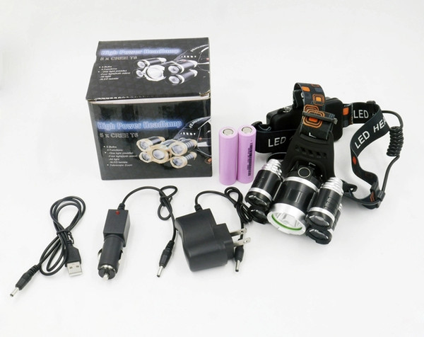 5LEDs Headlight 3000 Lumens Headlamp Rechargeable Head Light Lamp For 2x18650 Battery+Car Charger+Charger