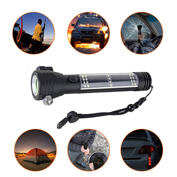 5000LM XM-L T6 Multifunction Emergency Torch Lights Led Solar Flashlight With Safety Hammer Compass Magnet Power Bank SOS