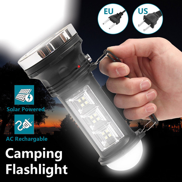 Portable LED Torch Flashlight USB Rechargeable Solar Camping Light 3 Mode Super Bright Outdoor Searching Hanging Hook Emergency Lamp