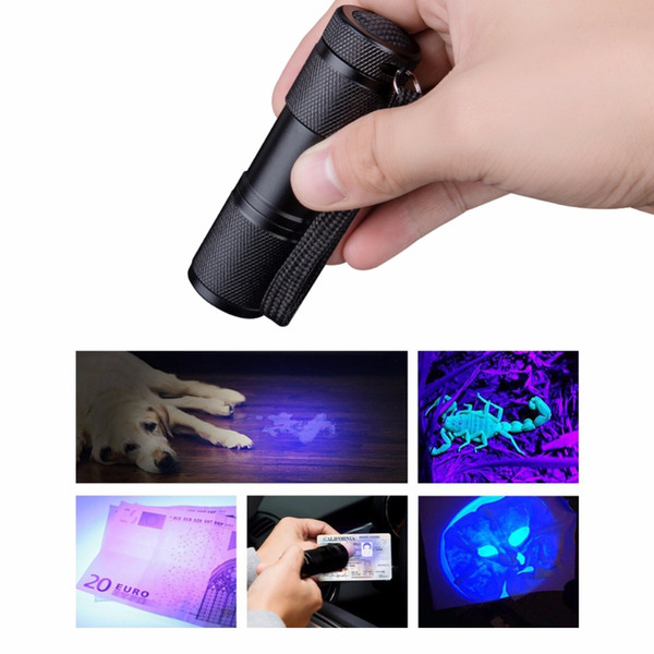 9 LED Mini UV Flashlight Ultraviolet Invisible Ink Marker Detection Torch Light Handheld Handy Pocket Lamp Using 3*AAA batteries