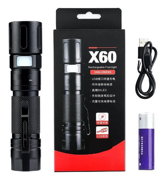 Tactical Flashlight X60 Mini Portable LED Zoom Outdoor Light USB Charging 5 Modes For Patroling,Camping,Emergency--Black