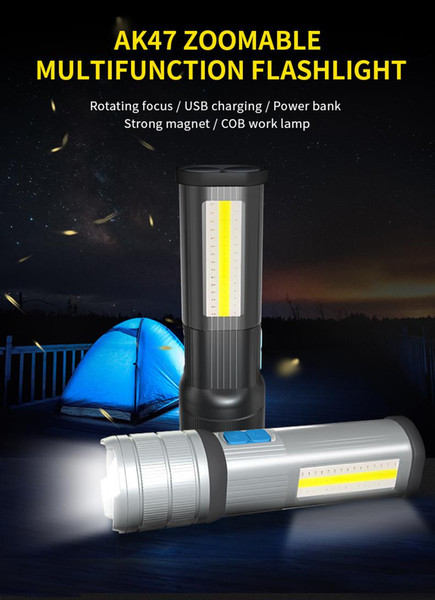 5200mAh LED Flashlight Multifunction L2/ Torch With COB Red White Blue Floodlight With Strong magnet as Phone Power Bank