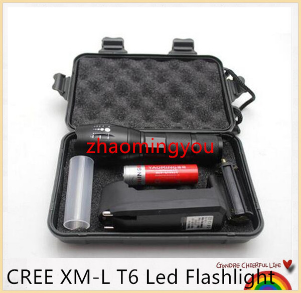 YON Gift box CREE XM-L T6 3800Lm focus adjustable 5 modes led flashlight torch lamp light with 18650 + charger