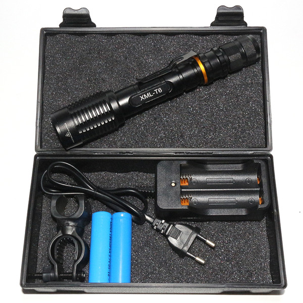 2017 Plastic Box Packing LED Flashlight Set 2x18650 High Power 5000 Lumens CREE XML T6 LED Torch Lamp+Charger+Battery+Bike Holder