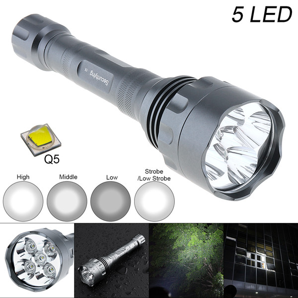 SecurityIng Waterproof Silvery 10W 1500LM Q5 LED Flashlight 300M Range 5 Modes Light Support 18650 Rechargeable Battery Outdoor Lightin