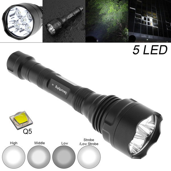 SecurityIng Waterproof 10W 1500 Lumens Q5 LED Flashlight Torch 300M Range 5 Modes Light Support 18650 Rechargeable Battery for Outdoor Light