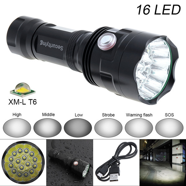 SecurityIng Super Bright 16x XM-L T6 LED 7200Lumens Waterproof Flashlight Torch with 6 Modes Light Support USB Charging LEF_S11