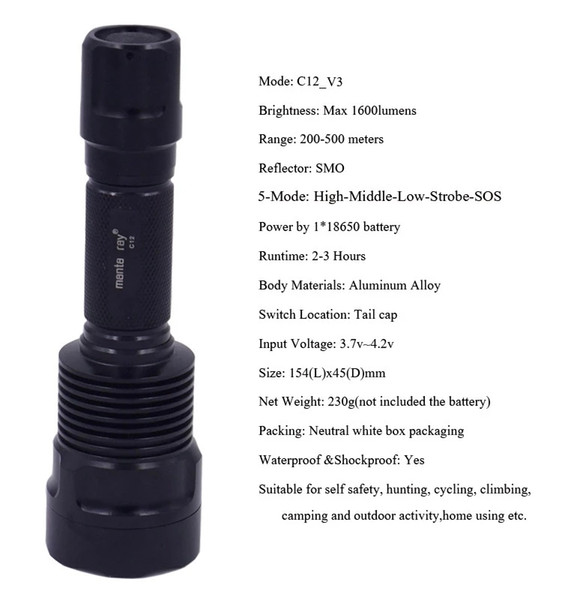 5-Mode C12-V3 Tactical Flashlight,18650 aluminum Flashlight XP-L HI V3 12W led flashlight