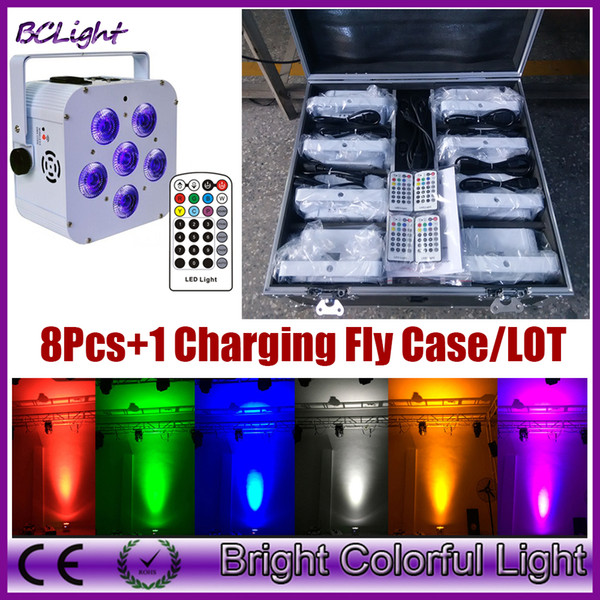 (8 pcs +1 fly case /lot) Infrared remote control RGBAW UV LED wedding uplight & battery high powered DMX par 6x18W (White case)