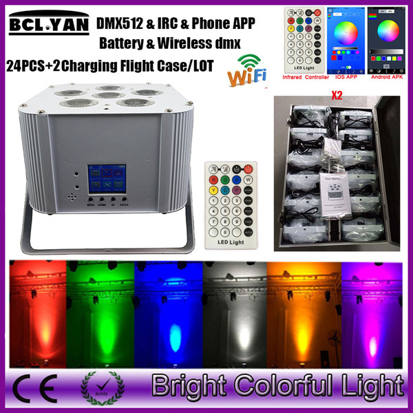 24 pcs + 2cases /lot 2017 newest wifi led battery powered wireless dmx led par uplight With IRC & Phone app 6 *18w RGBWA UV