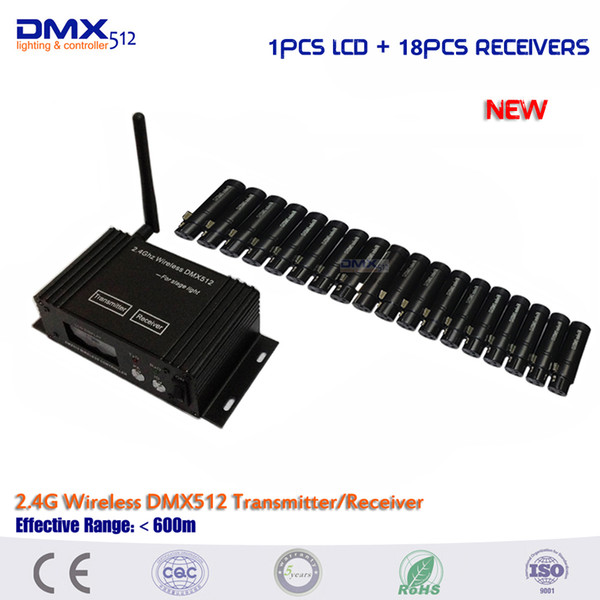 DHL free shipping wholesale 19pcs/lot Good Quality 3pin 18pcs Wireless mini receiver+1 LCD Display DMX512 Wireless Controller Transmitter