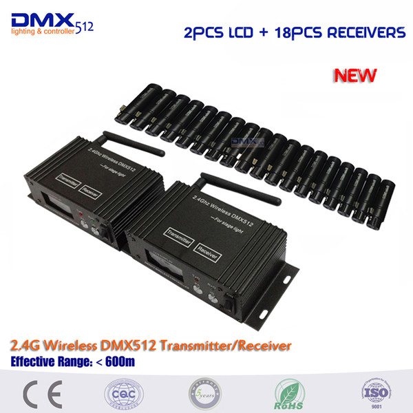 DHL free shipping 2PCS LCD display controller wireless dmx transmitter and 18pcs wireless dmx512 mini Receivers for moving head fog machine