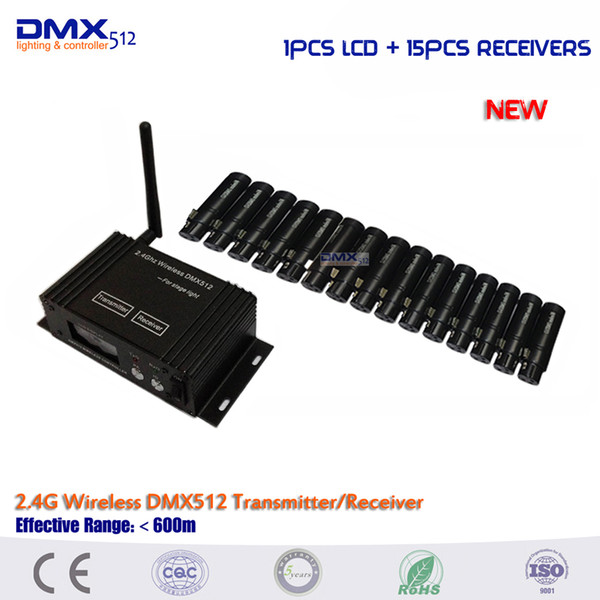 5 years warranty 15pcs mini wireless dmx512 Receiver & 1pcs 2.4G LCD Dmx512 Wireless Receiver/Transmitter Lighting Controller