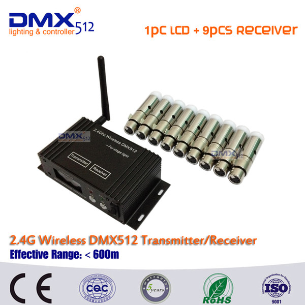 1+9 DMX512 Wireless Controller 2.4G Transmitter Receiver 2in1 LCD Display Power Adjustable Repeater Lighting Controller DMX512