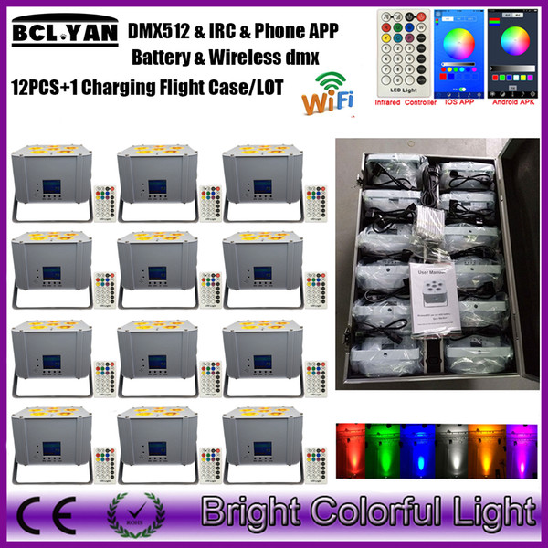 Newest easily operate battery powered Wireless dmx IRC led par can with Phone app 6psc 18w RGBWA+UV 6 IN 1 led uplights 12XLot