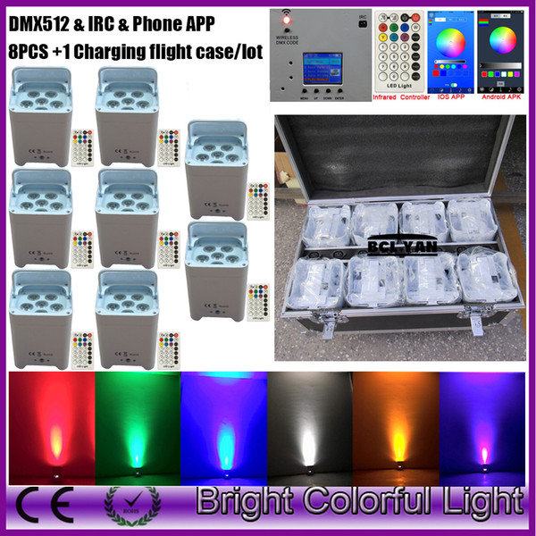 Wifi app led battery wireless dmx freedom par light uplighting Hex-6 18w RGBWAUV with IR Remote 8pcs + 1 charging flight case