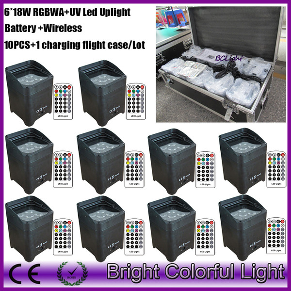 10 pcs+1flight case/lot led uplights 6pcs x18w infrared remote control wireless Dmx Uplights lithium battery powered led light