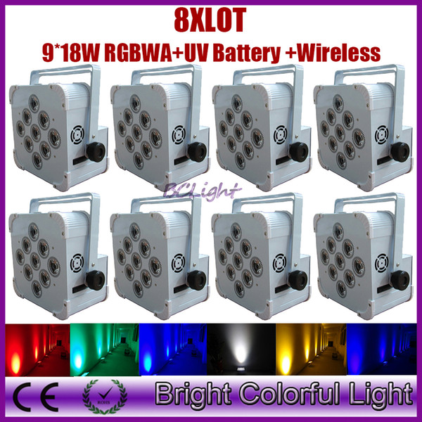 8XLot HOT SALE High Brightness 9 * 18W 6in1 RGBAW UV Battery Powered Wireless LED Par Light Wireless DMX 512 led wash up light