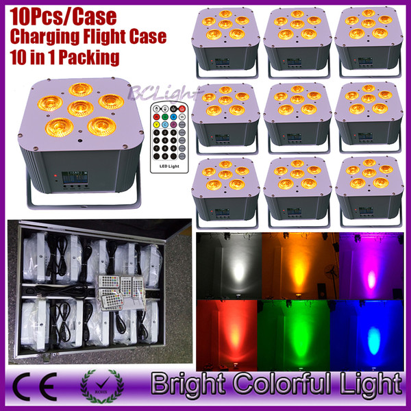 (10pcs +1 fly case /lot) RGBAW+UV 6x18W LED lithium battery powered bluetooth-DMX wireless wash uplights/wireless dmx led lights