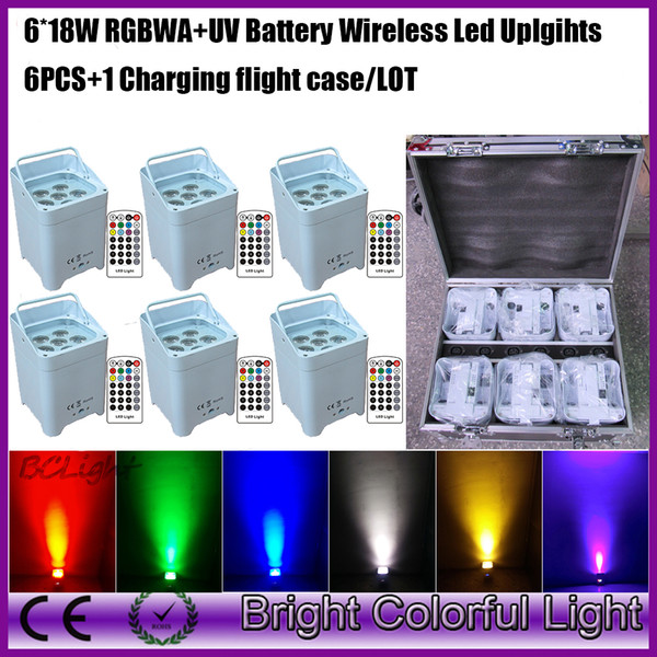 6XLOT with road case RGBWA UV 6 in 1 led battery power wireless dmx led uplighting LCD Screen cast aluminium 6*18W Free shipping