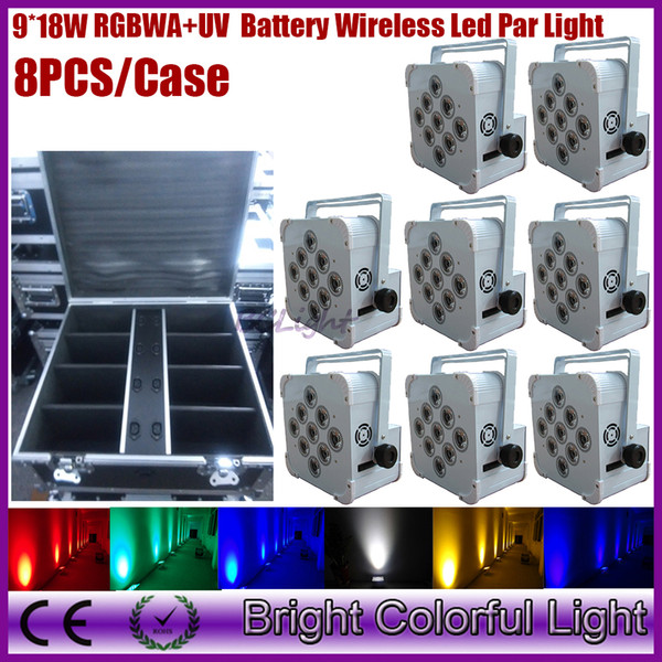 (8lights+1 fly case/lot) RGBWA+UV 6 in 1 led battery operated wireless dmx led uplighting/wireless dmx led stage light/led wedding uplights