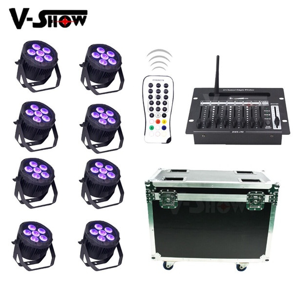 8pcs with 24CH DMX Controller IP65 OUTDOOR 6x18W Battery wireless RGBWA+UV 6in1 LED uplight led par for Hotel Wedding lighting