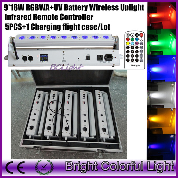 9*18W RGBAWUV Wireless DMX led Wall Washer / Battery Power Led Wash Light / Wireless DMX Led Stage Light (5pcs+1 flight case)