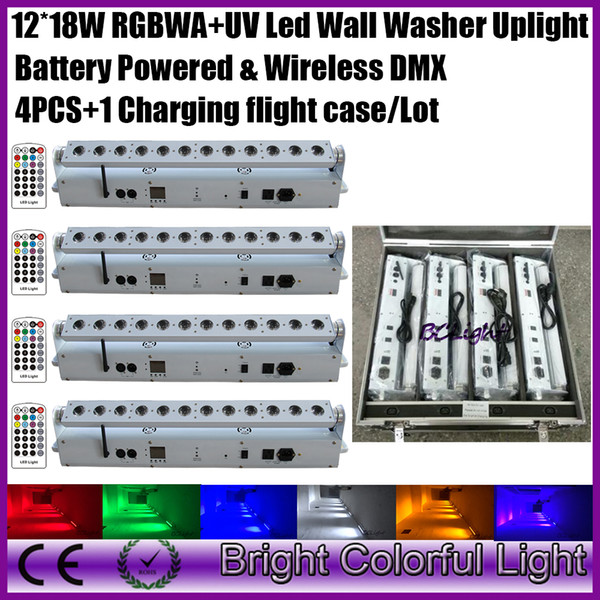 High brightness Rechargeable battery wireless dmx led wash light for wedding party disco decor 12x18w RGBWA+UV 4XLOT+1 Fly case