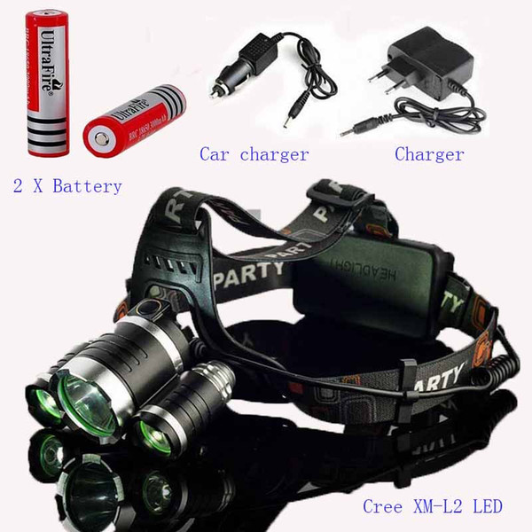 Upgrade Headlamp 6000 Lumen Super Bright 3X CREE XML L2 LED Head Torch Flashlight Lamp 2*Battery + charger+car charger