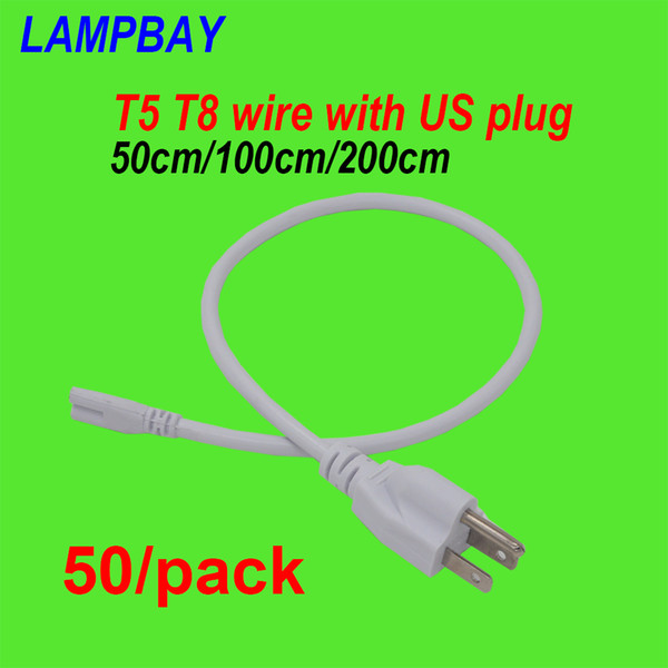 (50 Pack) Free Shipping US plug cable 50cm 100cm 200cm wires used for T5 T8 integrated tube lights