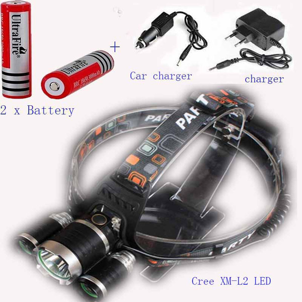 3X CREE XML L2 LED Head light Headlamp 6000 Lumen Torch Flashlight Lamp 2*Battery + charger+car charger