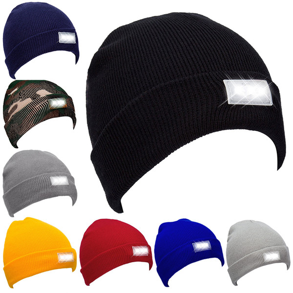 8 Colors Winter Warm Beanies Hat 5 lights LED glowing knitting caps Angling Hunting Camping Running Hats Unisex Beanies Cap