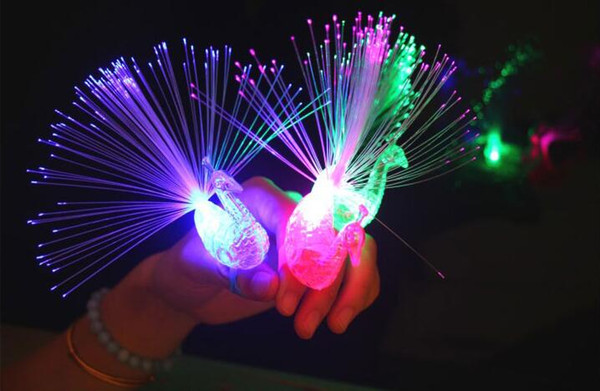 FREE DHL LED Flashing Peacock Fiber Optic Finger Lights Rings for Raves or Party Favor