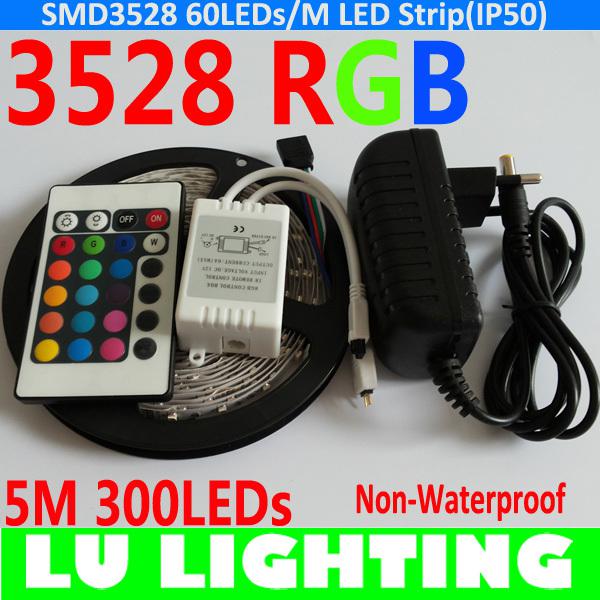 Wholesale-5M 3528 RGB LED Strip Light 60LEDs/M 300LEDs Non-waterproof Indoor+IR Controller Remote+DC12V 2A Power Adapter