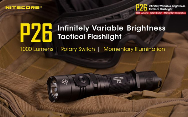 NITECORE P26 1000LM LED Infinitely Variable Brightness Tactical Flashlight Rotary Swith Hunting Torch 18650 Rechargeable Battery Torchlight