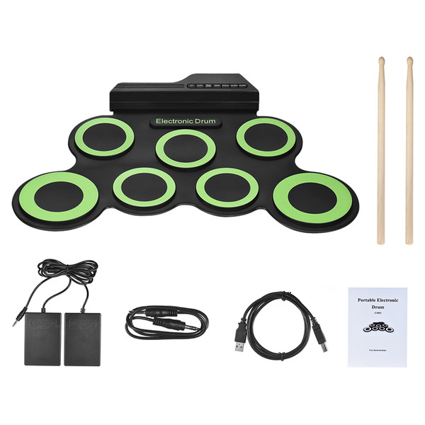 HOT Portable Digital Electronic Roll Up Drum Set Kit 7 Silicon Drum Pads USB Powered with Drumsticks Foot Pedals Compact Size free shipping