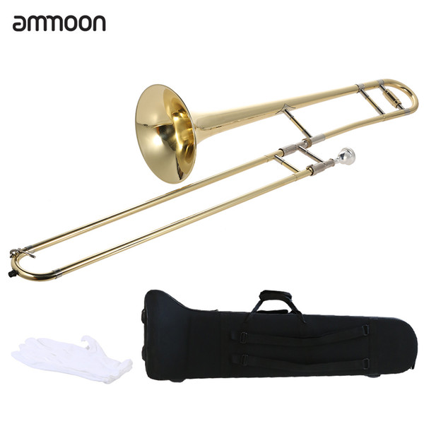 Wholesale-ammoon Tenor Trombone Brass Gold Lacquer Bb Tone B flat Wind Instrument with Cupronickel Mouthpiece Cleaning Stick Case