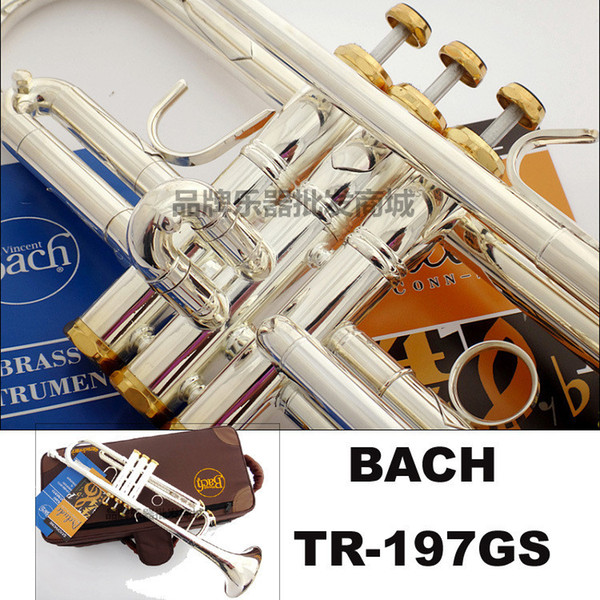 Wholesale-Free Shipping Bach Trumpet TR-197GS Plate silver pipe body Gold-plated Key Carved Trumpet Drop bB adjustable Trumpet instrument