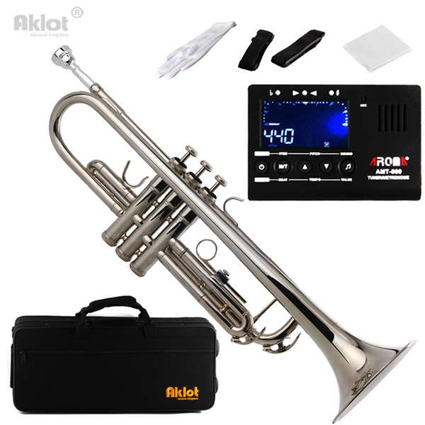 Wholesale- Aklot Bb Beginner Marching Band Trumpet Brass Body Silver Plated Mouthpiece with Tuner Nickel Purple Blue Black Red