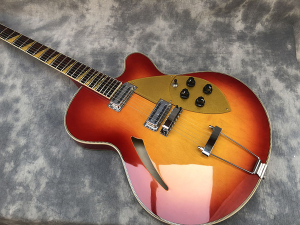 2019 hollow Body Jazz Electric Guitar,Archtop Guitar Sun color Paint,Maple texture,2 Golden Pickguard,free shipping!