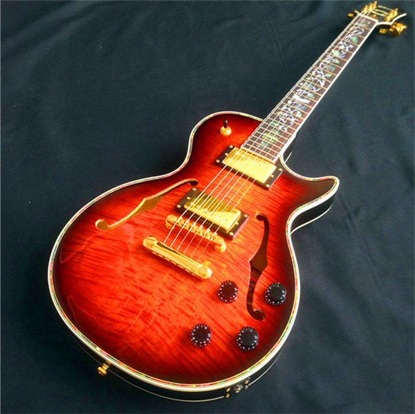 New arrival red electric guitar 6 strings with 2 pickup and hollow body color inlays