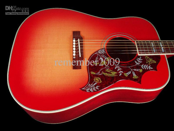 Solid Spruce Top 41 Inches Humming Cherry Sunburst Vintage Acoustic Electric Guitar, Split Parallelogram Inlay, Red Turtle Pickguard