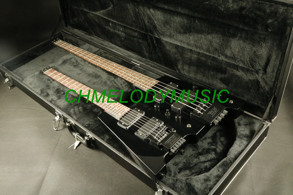 Chmelodymusic lzeal black color double neck headless electric guitar 4string bass guitar flamed maple top oem production accept all color