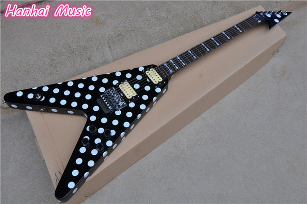 Electric Guitar,Flying V Shape with Black Color Body,White Dots on Body,2 Open Pickups and Floyd Rose and can be Customized