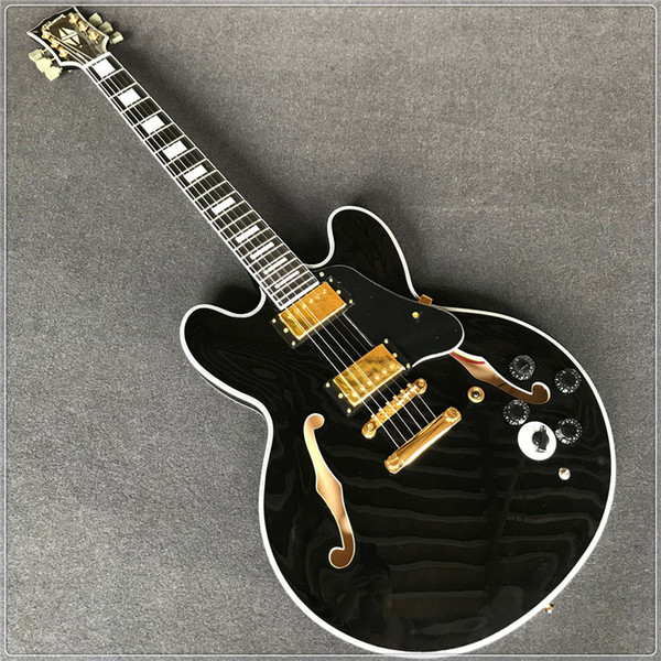 Gisten hollow body electric guitar with f holes 335 style black color gold parts high quality guitarra ebony fingerboard