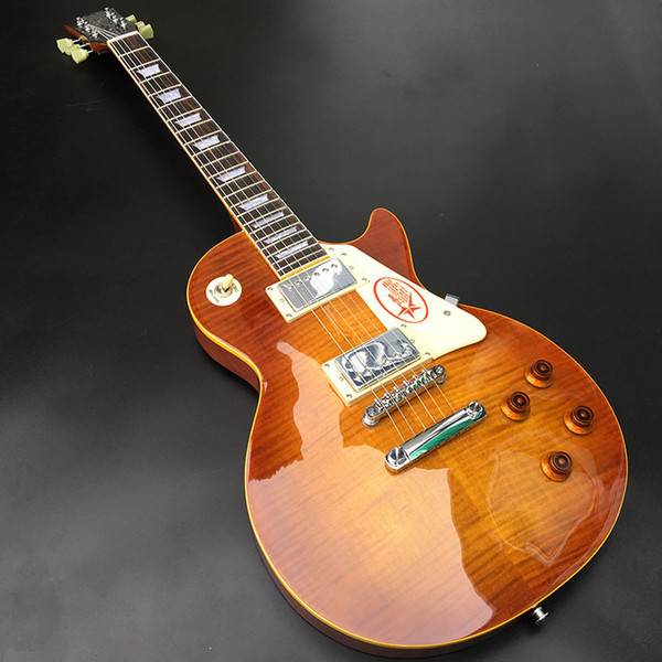 1959 R9 Standard Electric Guitar,Solid Mahogany body With Bacon color Flamed Maple Top,Yellow celluloid binding,Chrome Hardware