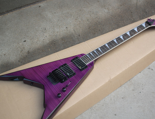 Free Shipping Factory Custom Purple Flying V Electric Guitar with 2 Pickups,White Pearl Inlay,Floyd Rose,Black Hardwares,guitarra guitars